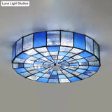 Rustic Stained Glass Flushmount Ceiling Light - Round 1-Light Fixture In Blue/White For Bedroom
