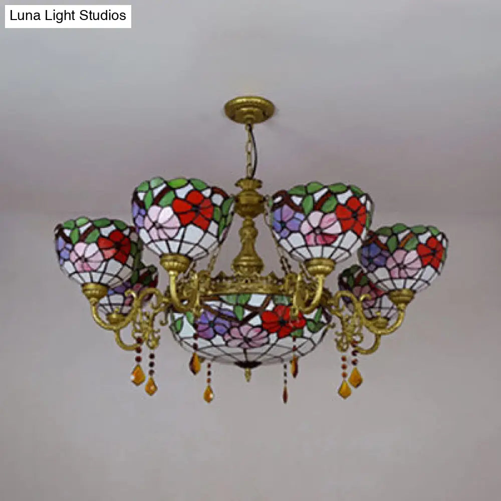 Rustic Stained Glass Inverted Chandelier With Scalloped Shade And Flower Pattern - 9 Lights For