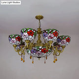 Rustic Stained Glass Inverted Chandelier With Scalloped Shade And Flower Pattern - 9 Lights For