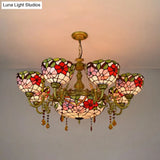 Rustic Stained Glass Inverted Chandelier With Scalloped Shade And Flower Pattern - 9 Lights For