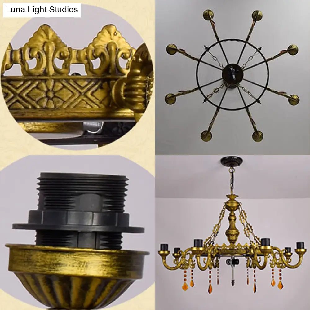 Rustic Stained Glass Inverted Chandelier With Scalloped Shade And Flower Pattern - 9 Lights For