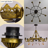 Rustic Stained Glass Inverted Chandelier With Scalloped Shade And Flower Pattern - 9 Lights For