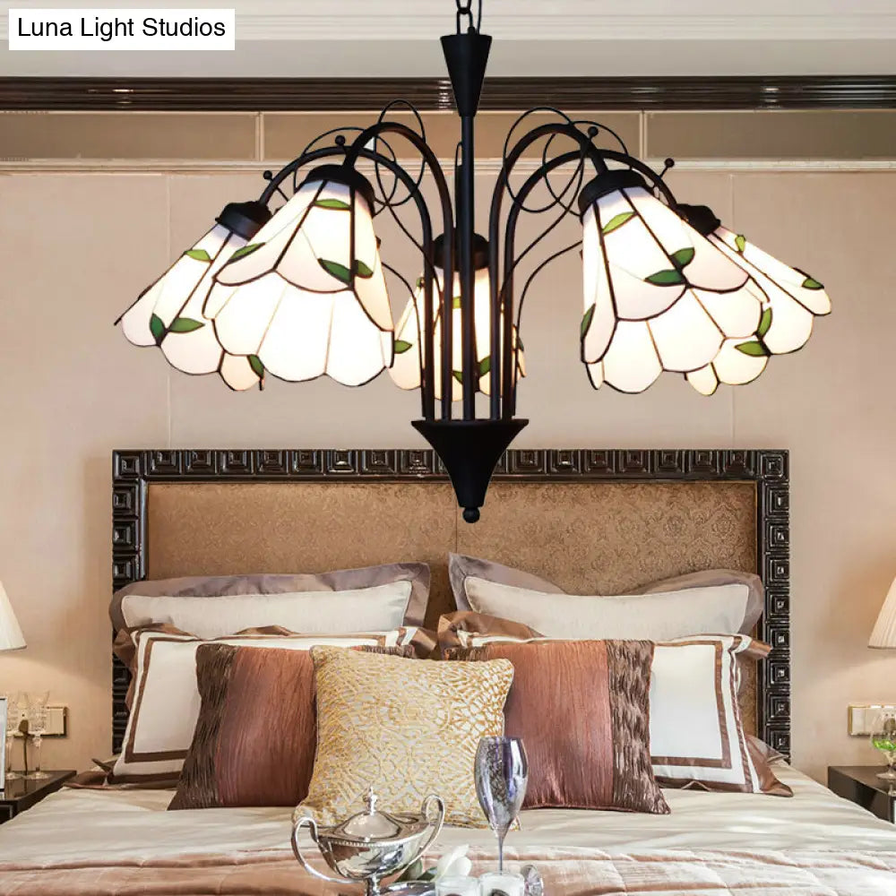 Rustic Stained Glass Leaf Chandelier With Metal Chain - 5 Light Pendant For Bedroom In Beige