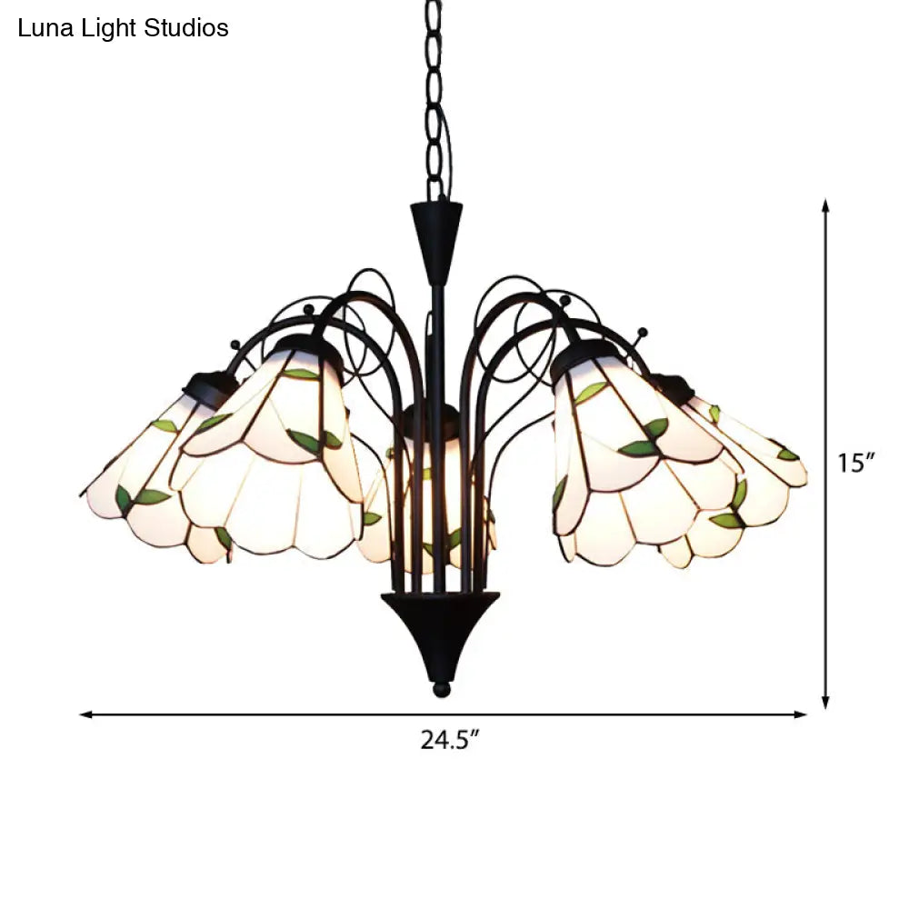 Rustic Stained Glass Leaf Chandelier With Metal Chain - 5 Light Pendant For Bedroom In Beige