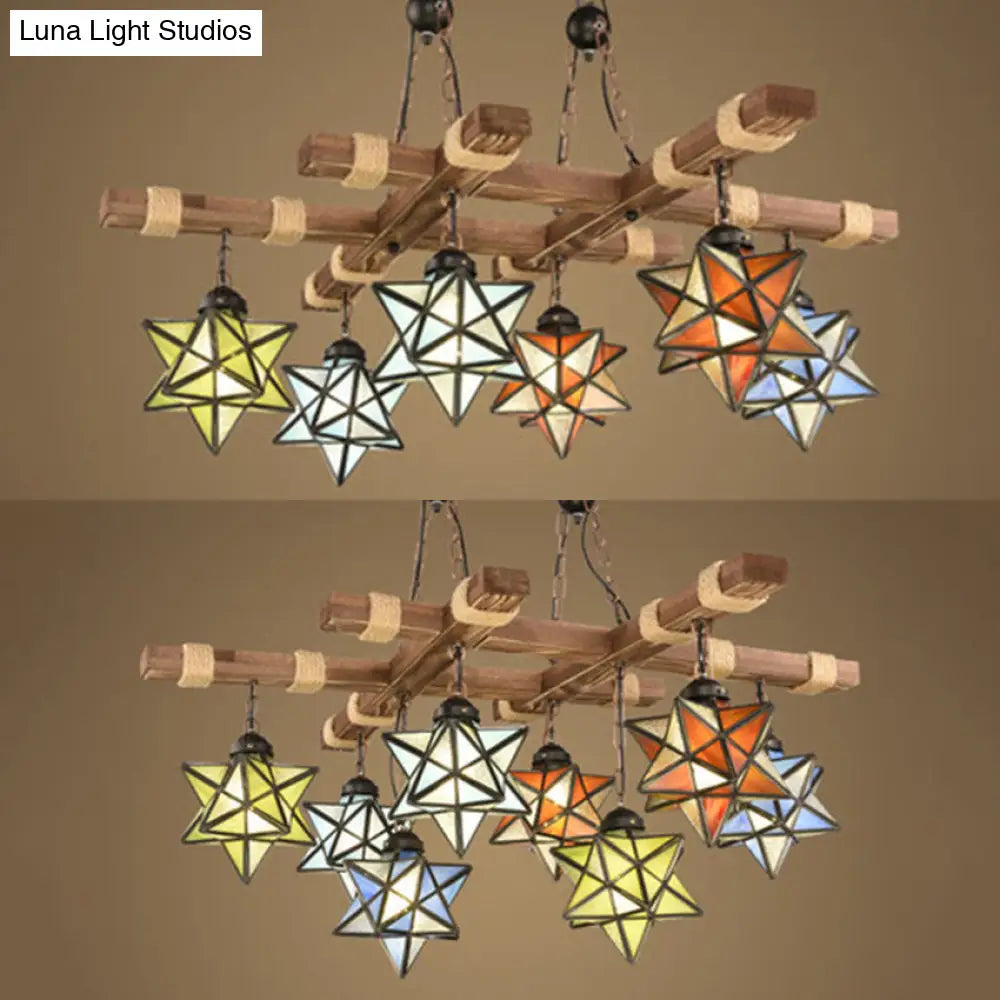 Rustic Stained Glass Loft Star Pendant Chandelier - 6/8 Lights Ideal For Restaurants