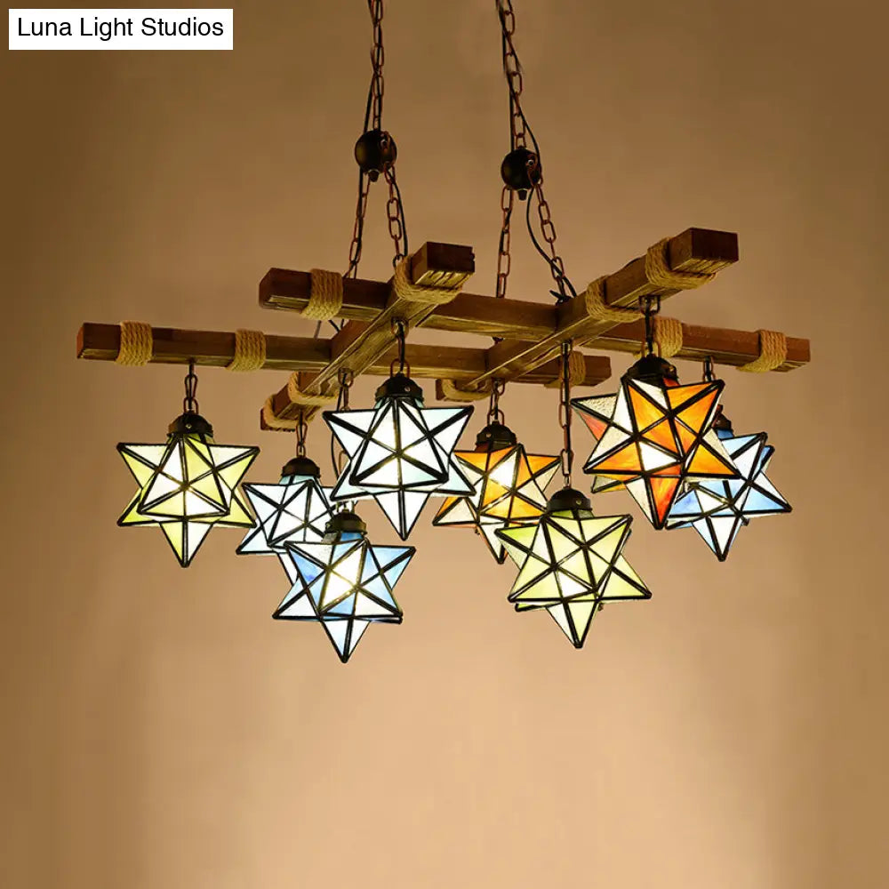 Rustic Stained Glass Loft Star Pendant Chandelier - 6/8 Lights Ideal For Restaurants