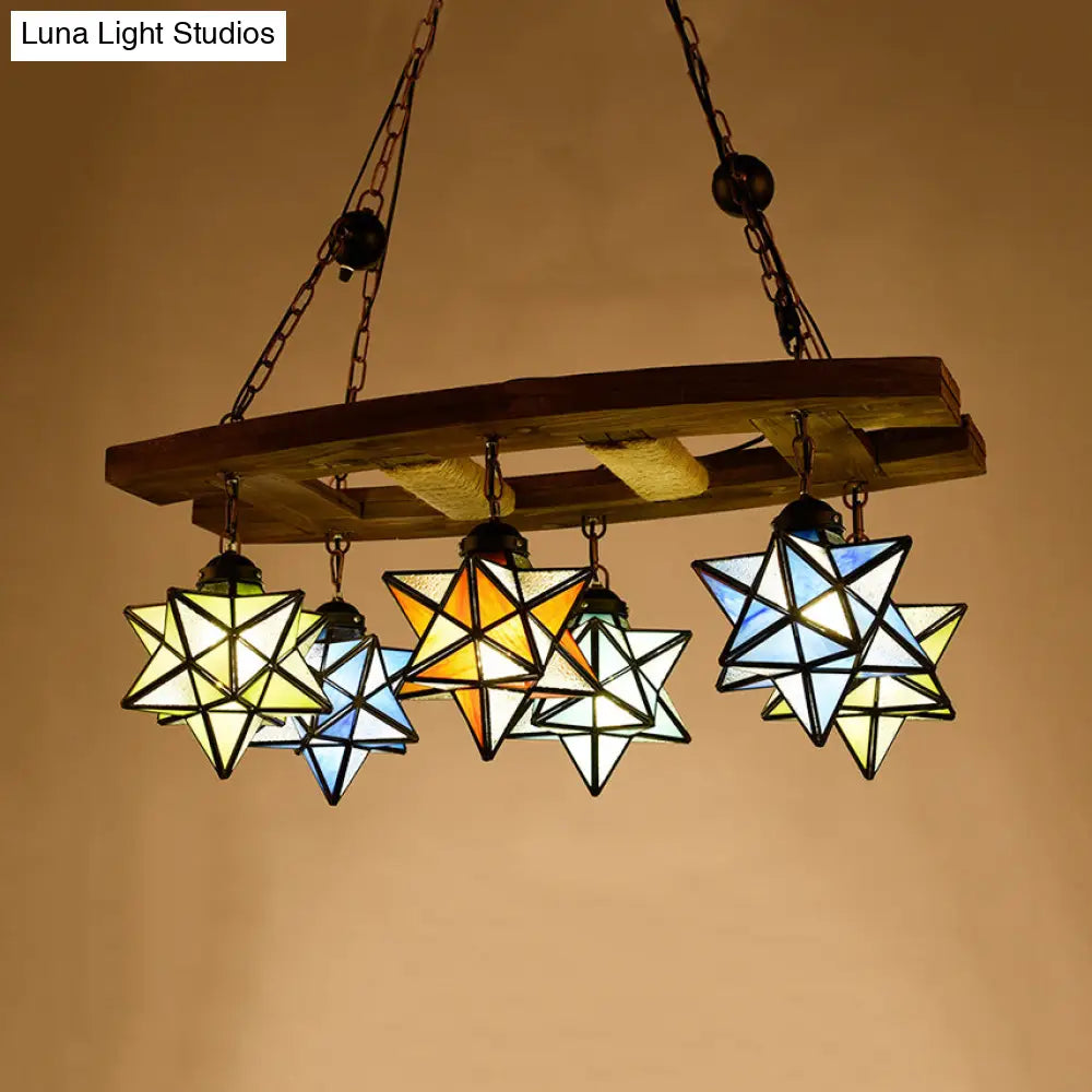 Rustic Stained Glass Star Chandelier With 6 Multi-Color Lights - Perfect For Bars And Lofts
