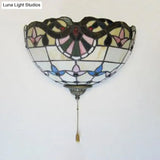 Rustic Stained Glass Wall Mount Light: Hemisphere Fixture With Pull Chain Ideal For Bedside