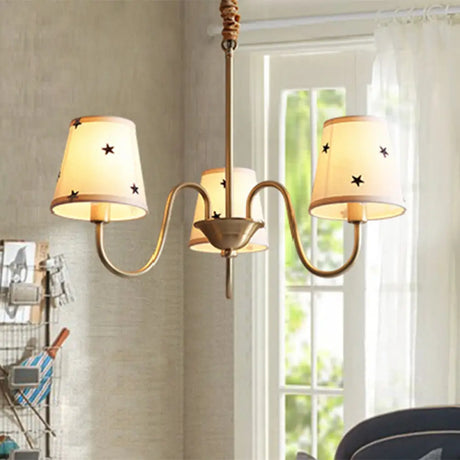 Rustic Star Patterned Chandelier In Gold - Conical Fabric Design 3/5/6 Lights Ideal For Bedroom