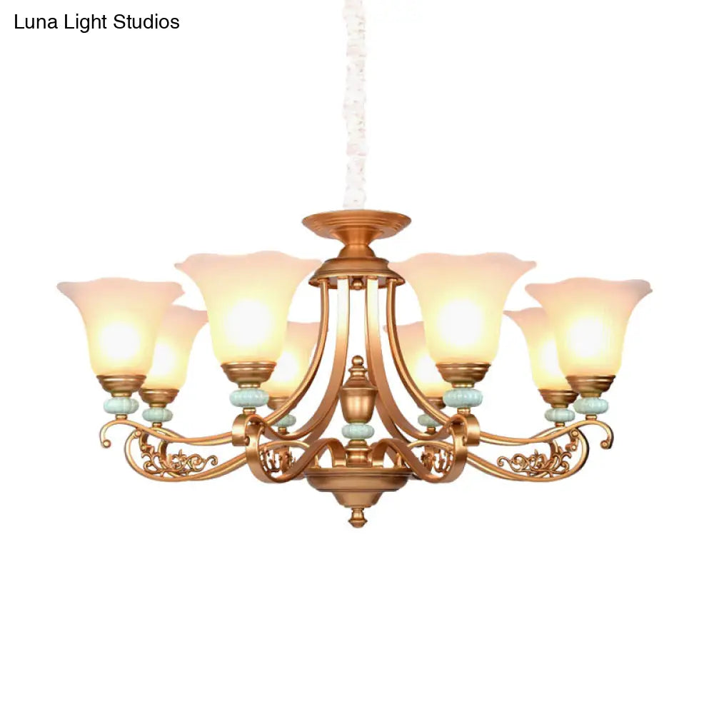 Rustic Style Gold Milky Glass Ceiling Chandelier With Suspended Lighting Pendant - 3/6/8 Heads