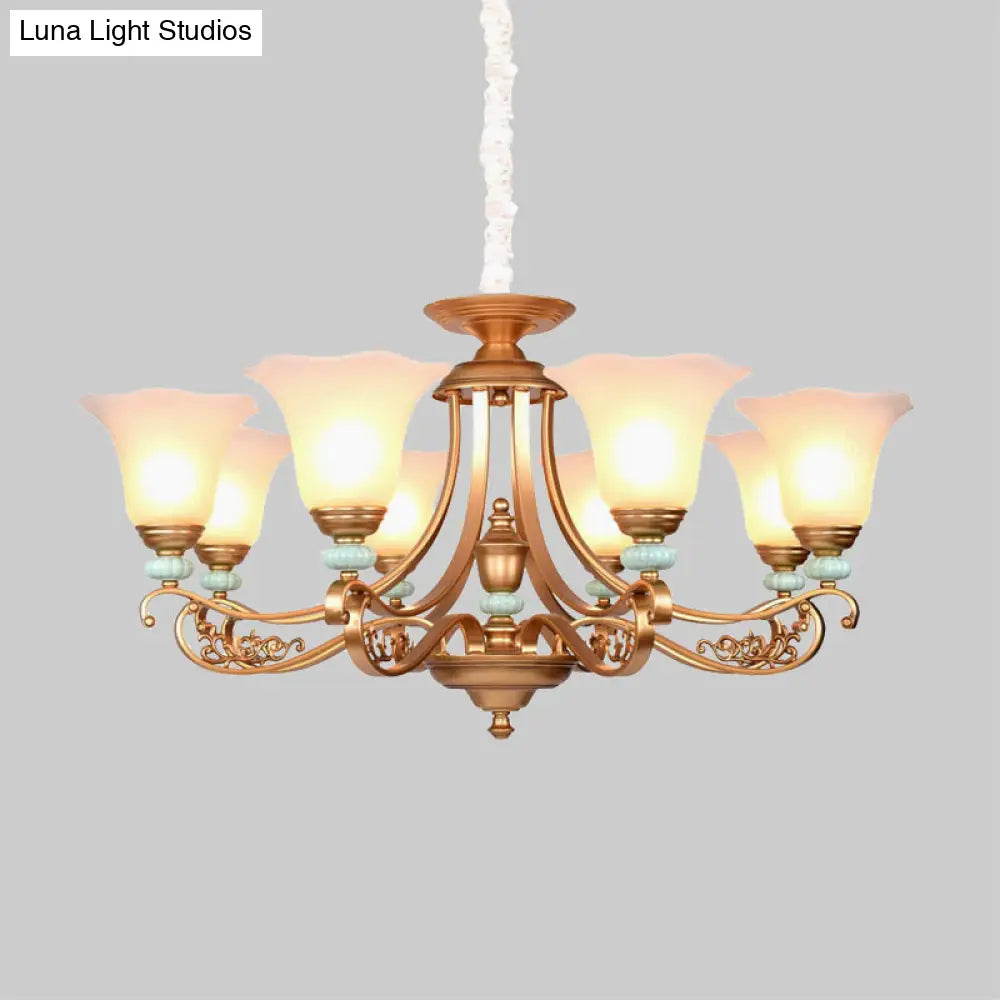 Rustic Style Gold Milky Glass Ceiling Chandelier With Suspended Lighting Pendant - 3/6/8 Heads