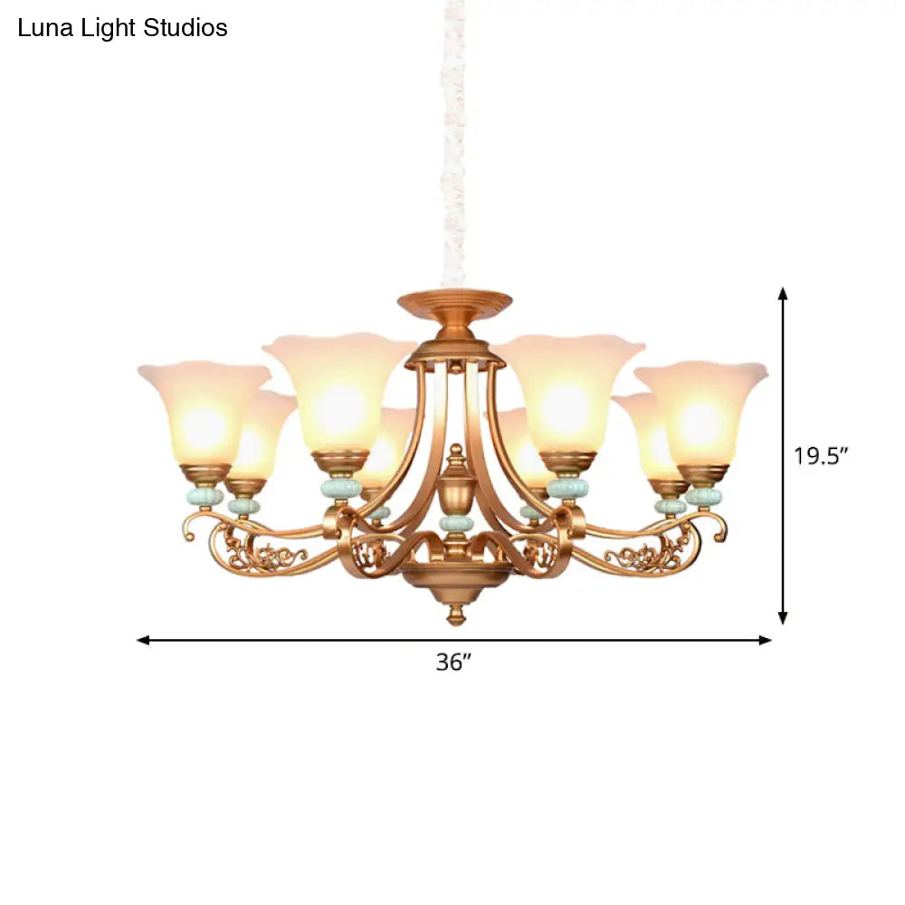 Rustic Style Gold Milky Glass Ceiling Chandelier With Suspended Lighting Pendant - 3/6/8 Heads