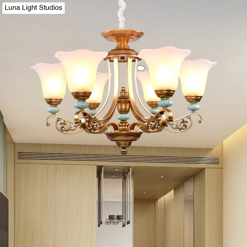 Rustic Style Gold Milky Glass Ceiling Chandelier With Suspended Lighting Pendant - 3/6/8 Heads