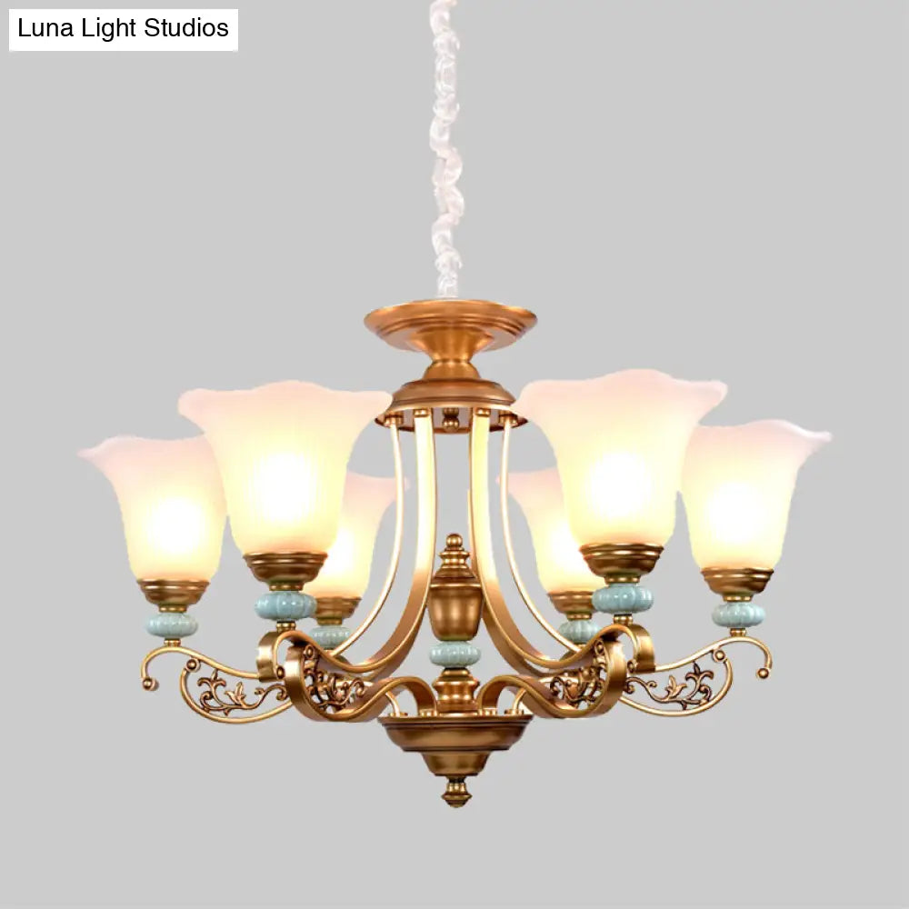 Rustic Style Gold Milky Glass Ceiling Chandelier With Suspended Lighting Pendant - 3/6/8 Heads
