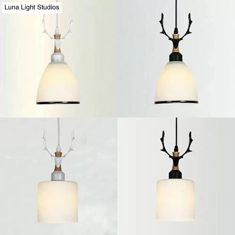 Rustic Style Opal Glass Pendant Lamp With Antlers - Cloth Shop 1 Bulb Suspension Light