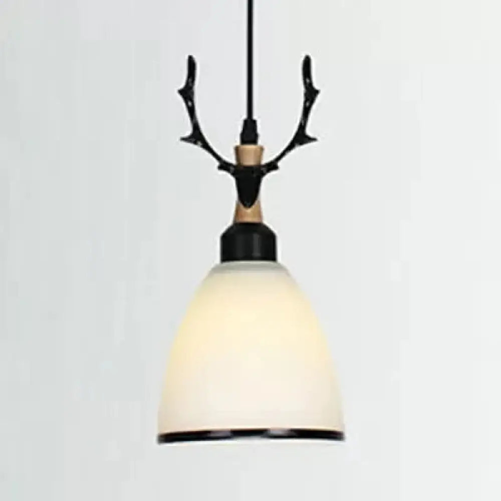 Rustic Style Opal Glass Pendant Lamp With Antlers - Cloth Shop 1 Bulb Suspension Light Black / Dome