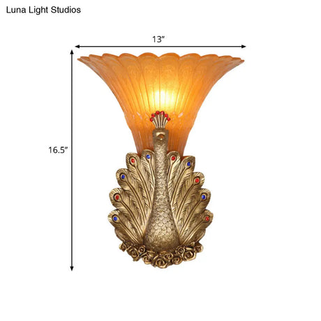 Rustic Style Peacock Wall Mount Lamp - 1 Light Red/Gold Resin With Orange Glass Scalloped Shade