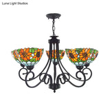 Rustic Sunflower Chandelier Pendant Light With Stained Glass Bowl Shade - 5 Lights In Orange