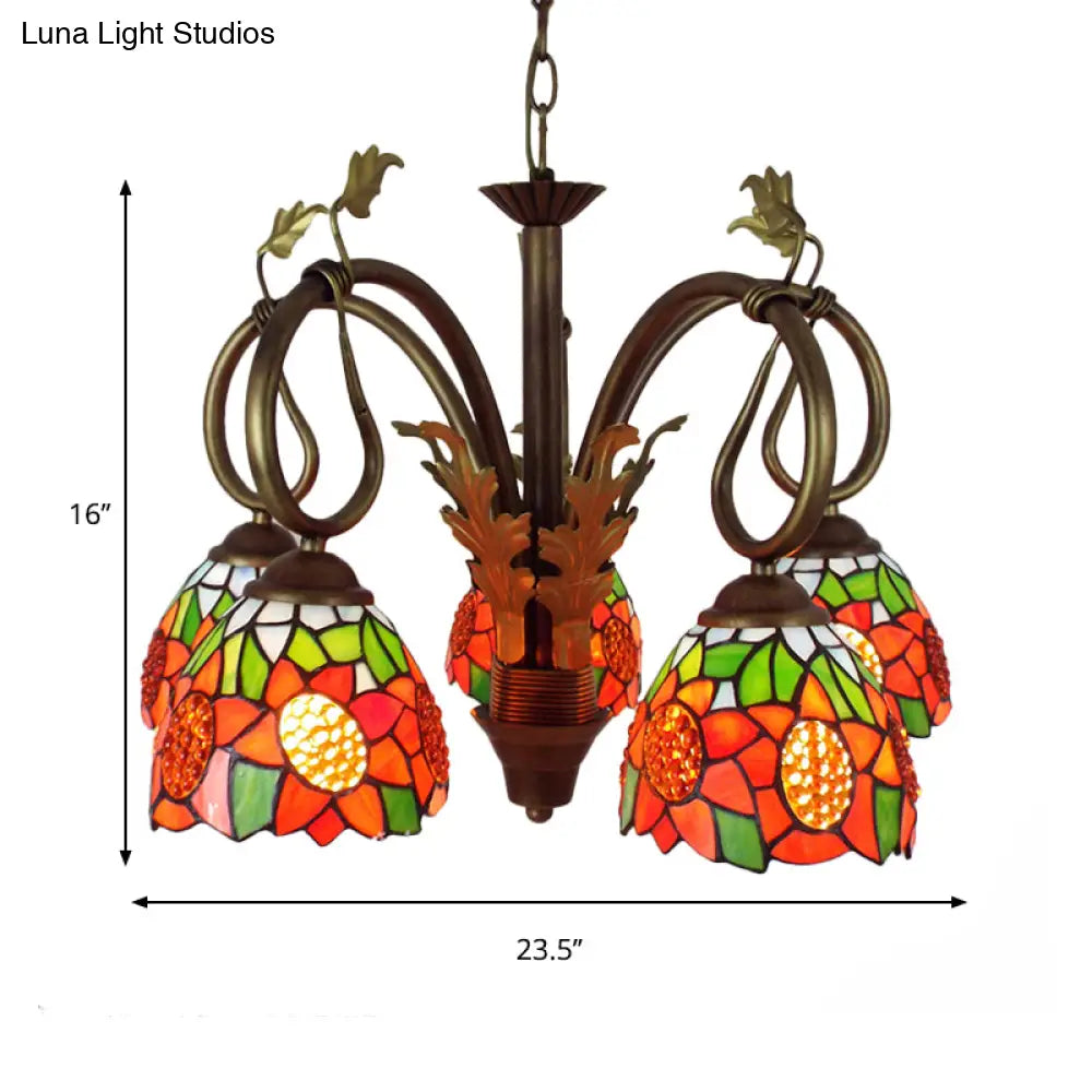 Rustic Sunflower Pendant Light With Adjustable 5 Lights And Metal Chain