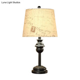 Rustic Tapered Drum Table Night Light With Single Bulb - Elegant Black Script Printed Fabric