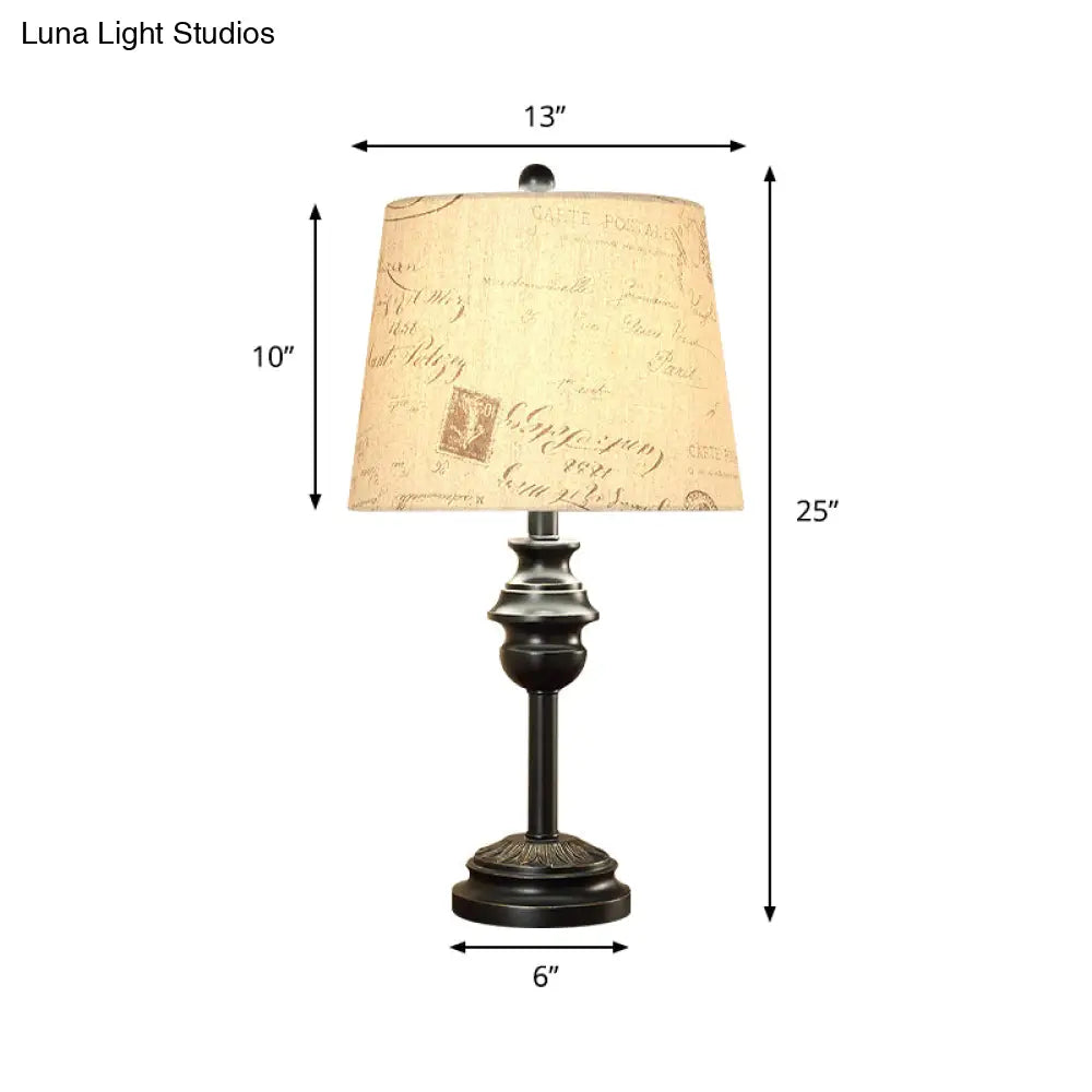 Rustic Tapered Drum Table Night Light With Single Bulb - Elegant Black Script Printed Fabric
