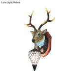 Rustic Teardrop Sconce Lamp With Crystal Wall Mounted Light Grey/Brown Resin Deer Décor