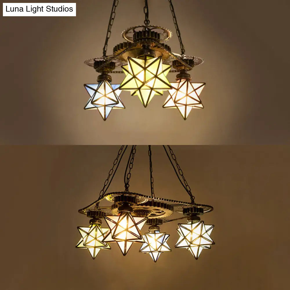Rustic Tiffany Glass Pendant Chandelier - Multi Color Star Ceiling Light With Gear For Foyer 3/4