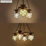 Rustic Tiffany Glass Pendant Chandelier - Multi Color Star Ceiling Light With Gear For Foyer 3/4