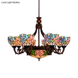 Rustic Tiffany Stained Glass Bird Chandelier - Multi-Head Pink Hanging Light For Villas