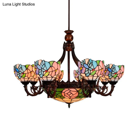 Rustic Tiffany Stained Glass Bird Chandelier - Multi-Head Pink Hanging Light For Villas