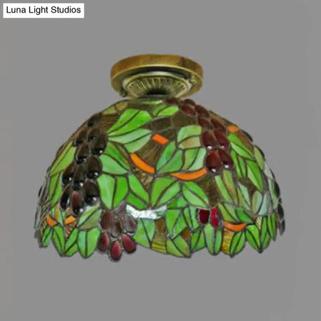 Rustic Tiffany Stained Glass Flush Light With Nature-Inspired Pattern And Antique Brass Finish