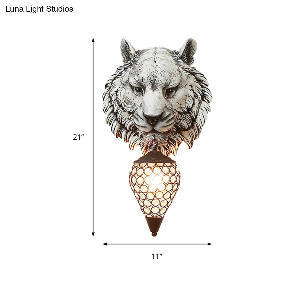 Rustic Tiger Corridor Wall Light: Resin Grey Sconce Lamp With Teardrop Crystal Shade