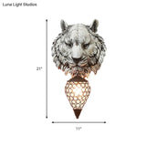 Rustic Tiger Corridor Wall Light: Resin Grey Sconce Lamp With Teardrop Crystal Shade