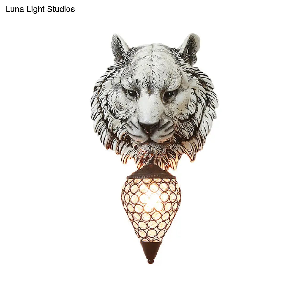 Rustic Tiger Corridor Wall Light: Resin Grey Sconce Lamp With Teardrop Crystal Shade