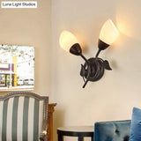 Rustic Tulip Wall Sconce Light With 2 Opal Frosted Glass Bulbs - Black/Gold Bedroom Lamp