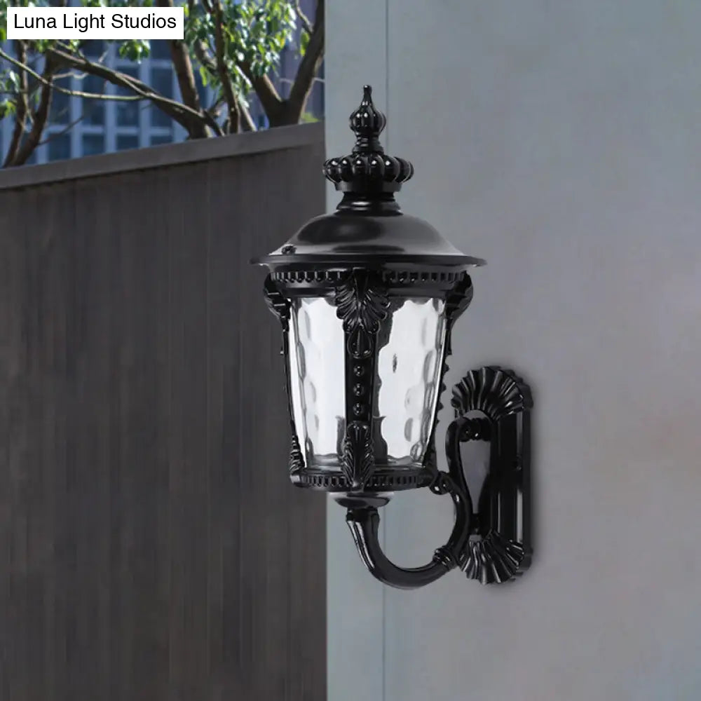 Rustic Urn Water Glass Wall Sconce - 1-Head Mount Lighting For Courtyard (Black)