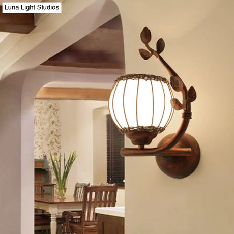 Rustic Wall Mounted Bedroom Lamp With Milky Glass Shade - Dark Wood Sconce Light (Right/Left)