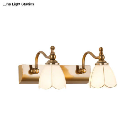 Rustic Wall Mounted Vanity Lamp: White Glass Brass Scalloped 1/2-Light With Curved Arm