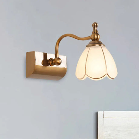 Rustic Wall Mounted Vanity Lamp: White Glass Brass Scalloped 1/2-Light With Curved Arm 1 /