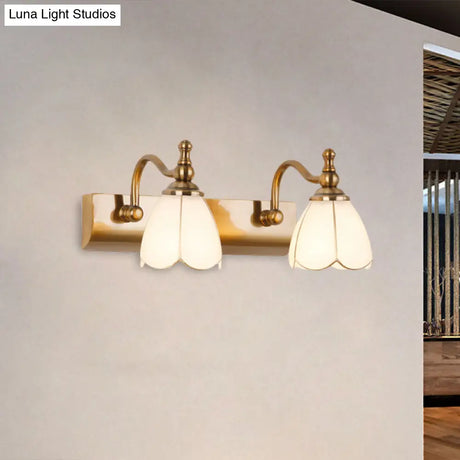 Rustic Wall Mounted Vanity Lamp: White Glass Brass Scalloped 1/2-Light With Curved Arm