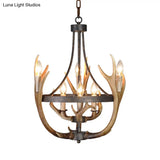 Rustic Wheel Resin Pendant Chandelier With Elk Deco - 6/9 Lights Brown Perfect For Dining Room