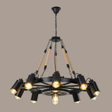Rustic Wheel Suspension Iron Chandelier With Hemp Rope Decoration - Black 10 /