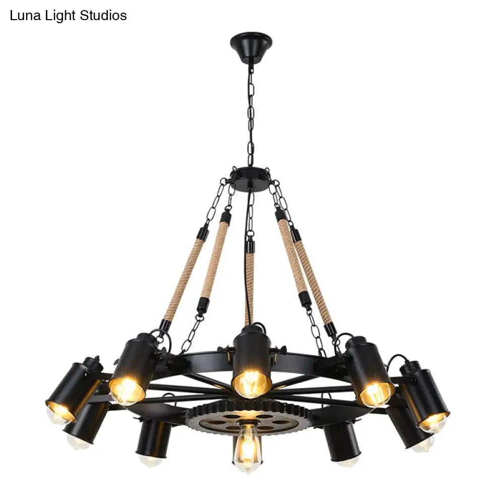 Rustic Wheel Suspension Iron Chandelier With Hemp Rope Decoration - Black