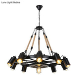 Rustic Wheel Suspension Iron Chandelier With Hemp Rope Decoration - Black