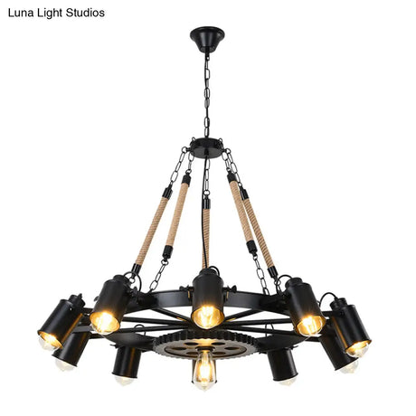 Rustic Wheel Suspension Iron Chandelier With Hemp Rope Decoration - Black