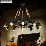 Rustic Wheel Suspension Iron Chandelier With Hemp Rope Decoration - Black