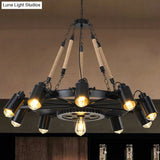 Rustic Wheel Suspension Iron Chandelier With Hemp Rope Decoration - Black