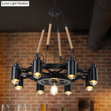 Rustic Wheel Suspension Iron Chandelier With Hemp Rope Decoration - Black