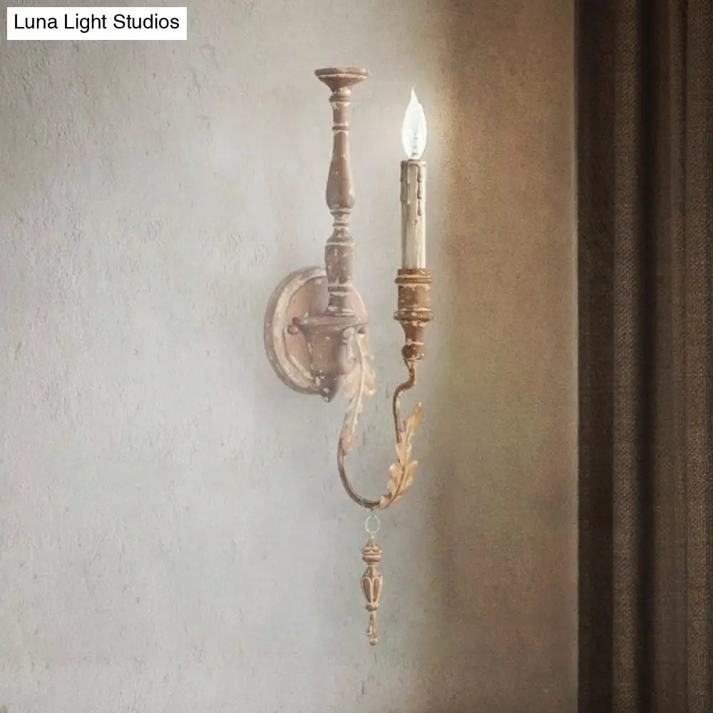 Rustic White/Brown 1-Light Candle Wall Fixture - Metallic Mounted Lamp