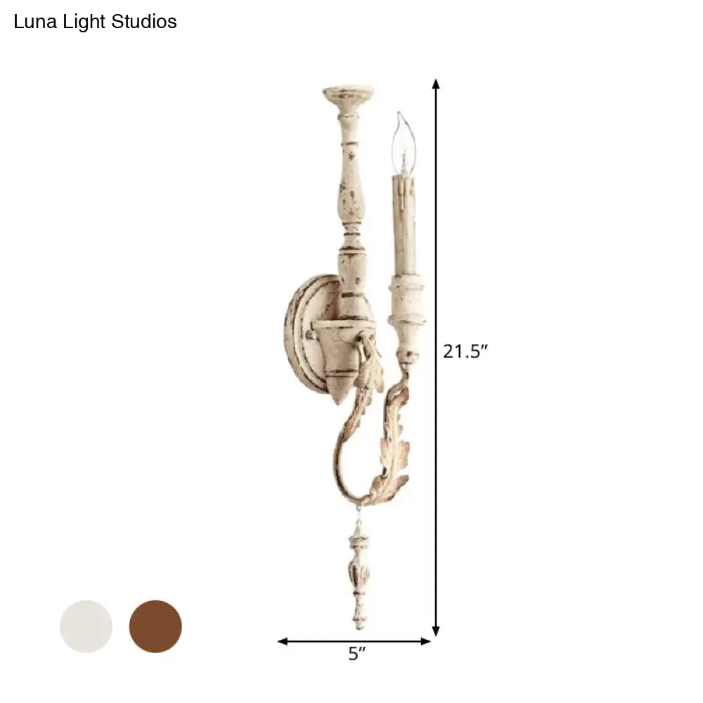 Rustic White/Brown 1-Light Candle Wall Fixture - Metallic Mounted Lamp